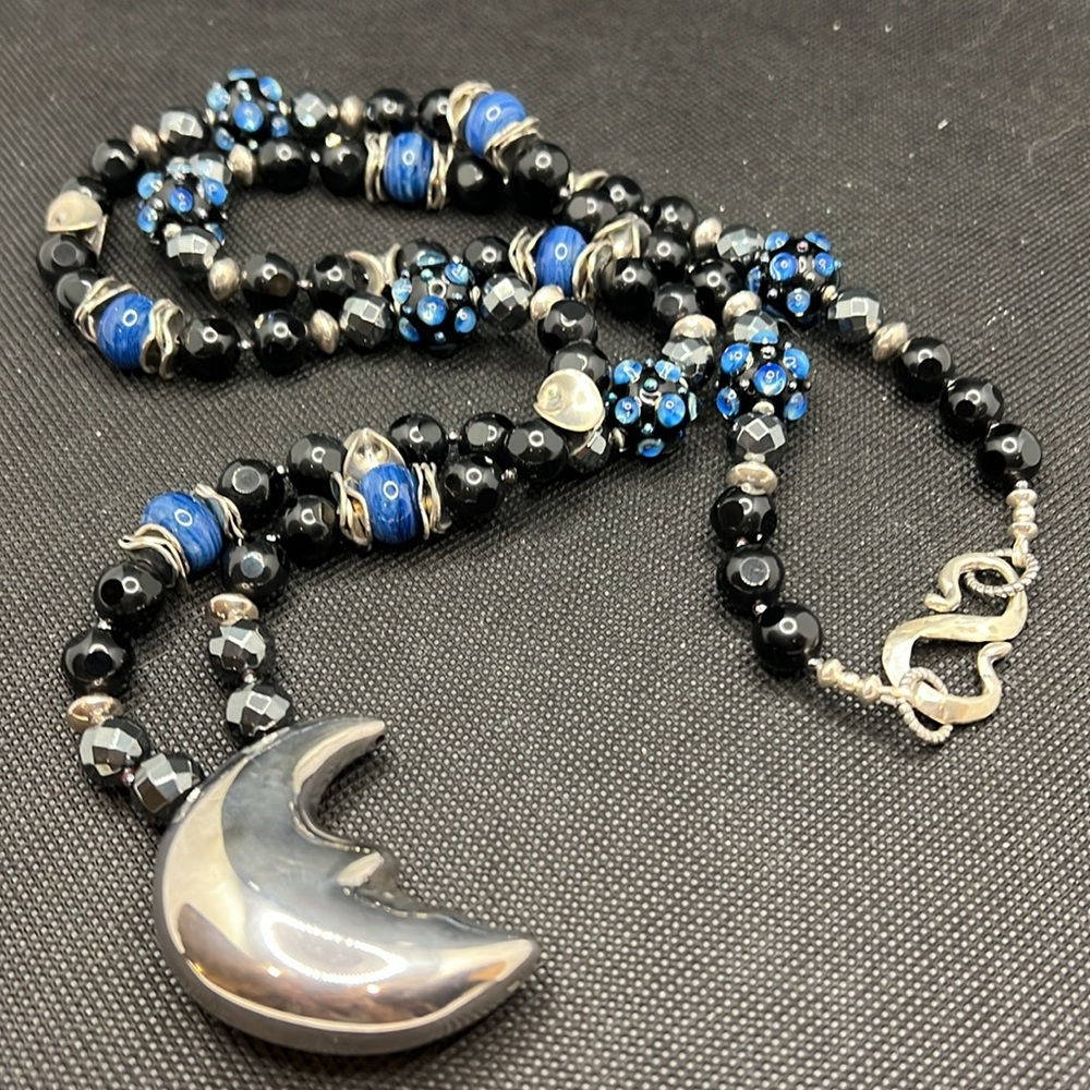 Stunning 925 Sterling Silver Moon pendant on Long Handmade Gemstone Necklace
